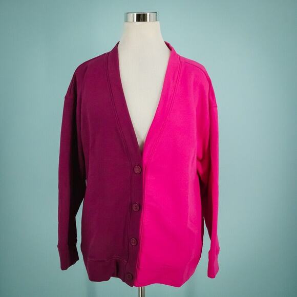 Terez Size Medium M Pink Color Block V Neck Button Cotton Cardigan Sweatshirt - Picture 1 of 5